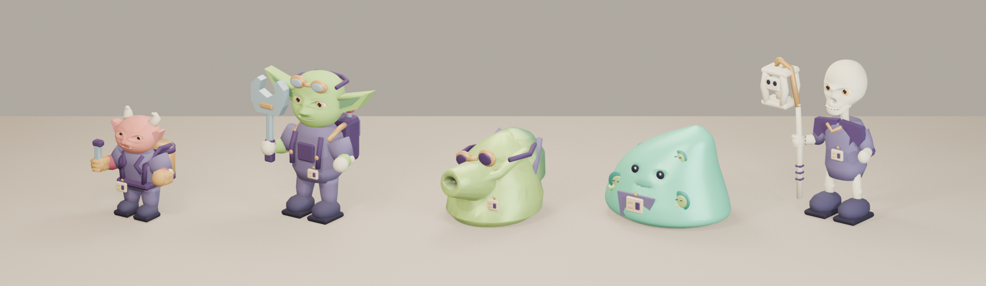 An early lineup of Monster Company’s monster employees: an imp, a goblin, two slimes, and a skeleton.
